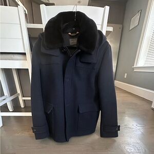 Men’s Zara Parka Coat - navy blue with removable hood and fur. Size L